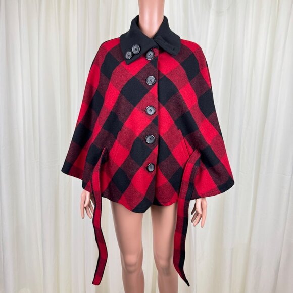 NWOT FUDA Plaid Wool Cape Poncho Shawl Coat Red Black Buffalo Size Large Y2K - Picture 9 of 12